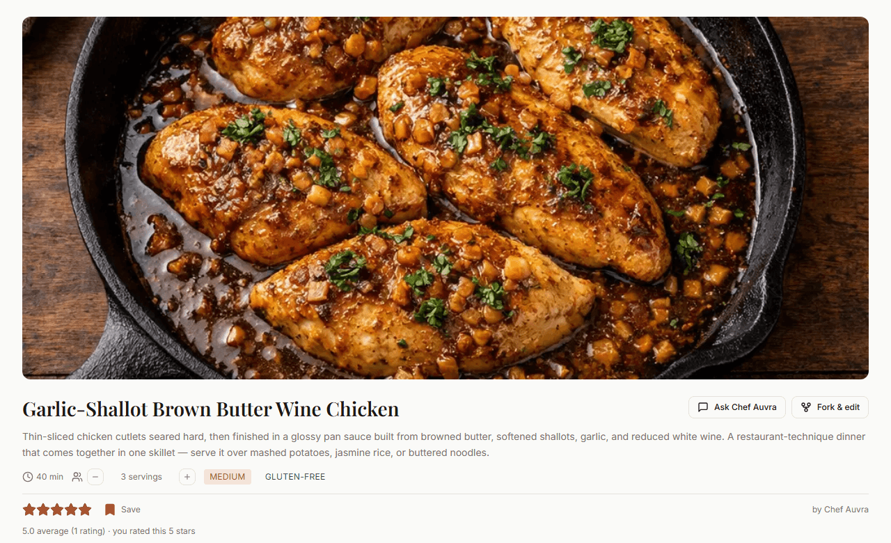 A Chef Auvra recipe page showing a photographed dish, structured ingredients, and step-by-step instructions